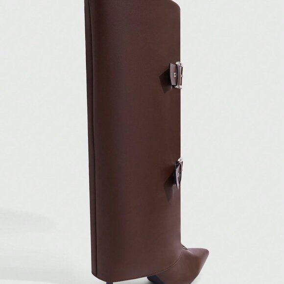 Rust Brown Casual Women's Pointed Toe Knee-High Heeled Boots - Picture 8 of 10